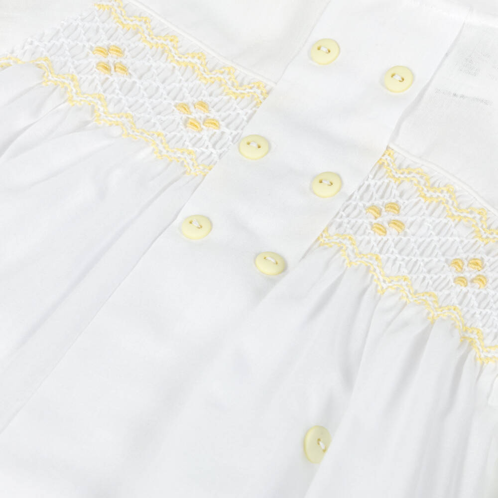 Sarah Louise-Boys White & Yellow Cotton Hand-Smocked Buster Suit | Childrensalon Outlet