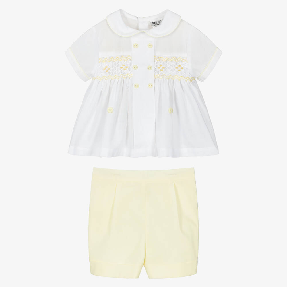Sarah Louise-Boys White & Yellow Cotton Hand-Smocked Buster Suit | Childrensalon Outlet