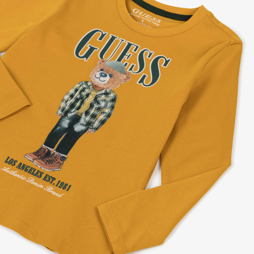 Guess-Boys Yellow Cotton Jersey Long-Sleeve Top with Teddy Bear Logo | Childrensalon Outlet