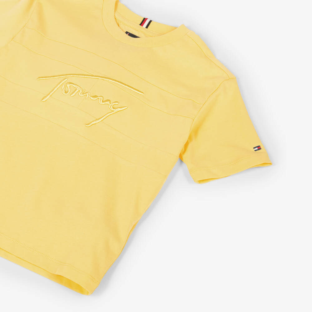Tommy Hilfiger-Boys Yellow Cotton T-Shirt with Tonal Logo Embroidery | Childrensalon Outlet