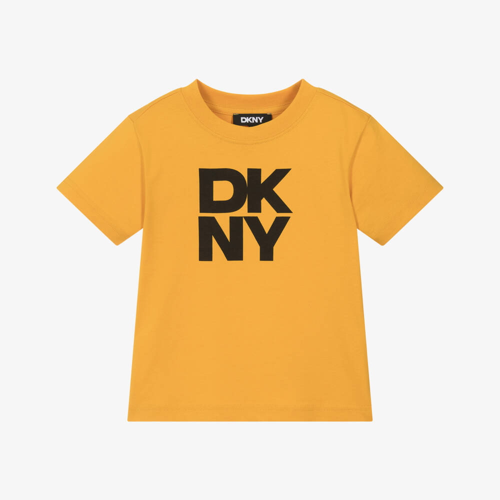 DKNY-Boys Yellow Organic Cotton T-Shirt with Black Logo Print | Childrensalon Outlet
