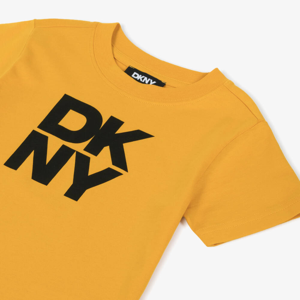 DKNY-Boys Yellow Organic Cotton T-Shirt with Black Logo Print | Childrensalon Outlet