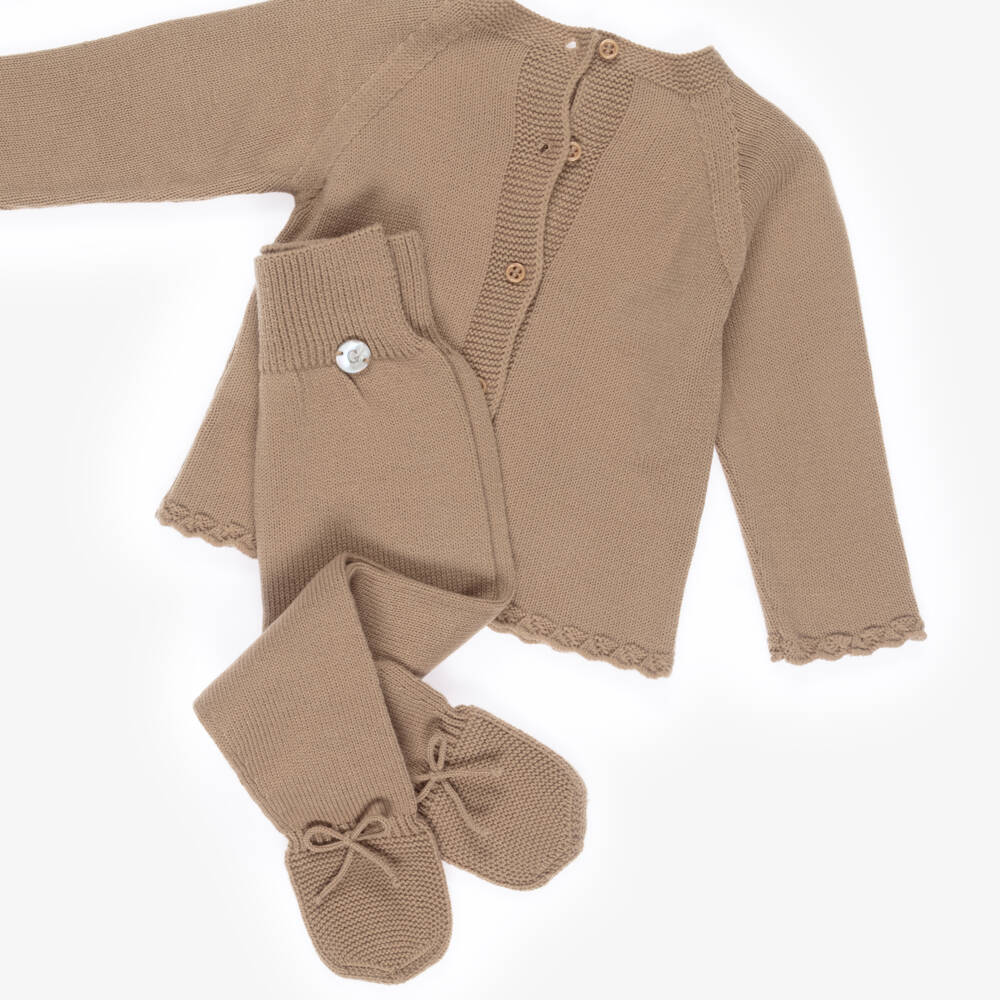 Artesanía Granlei-Brown Knitted 2 Piece Babygrow with Teddy Bear Motif | Childrensalon Outlet