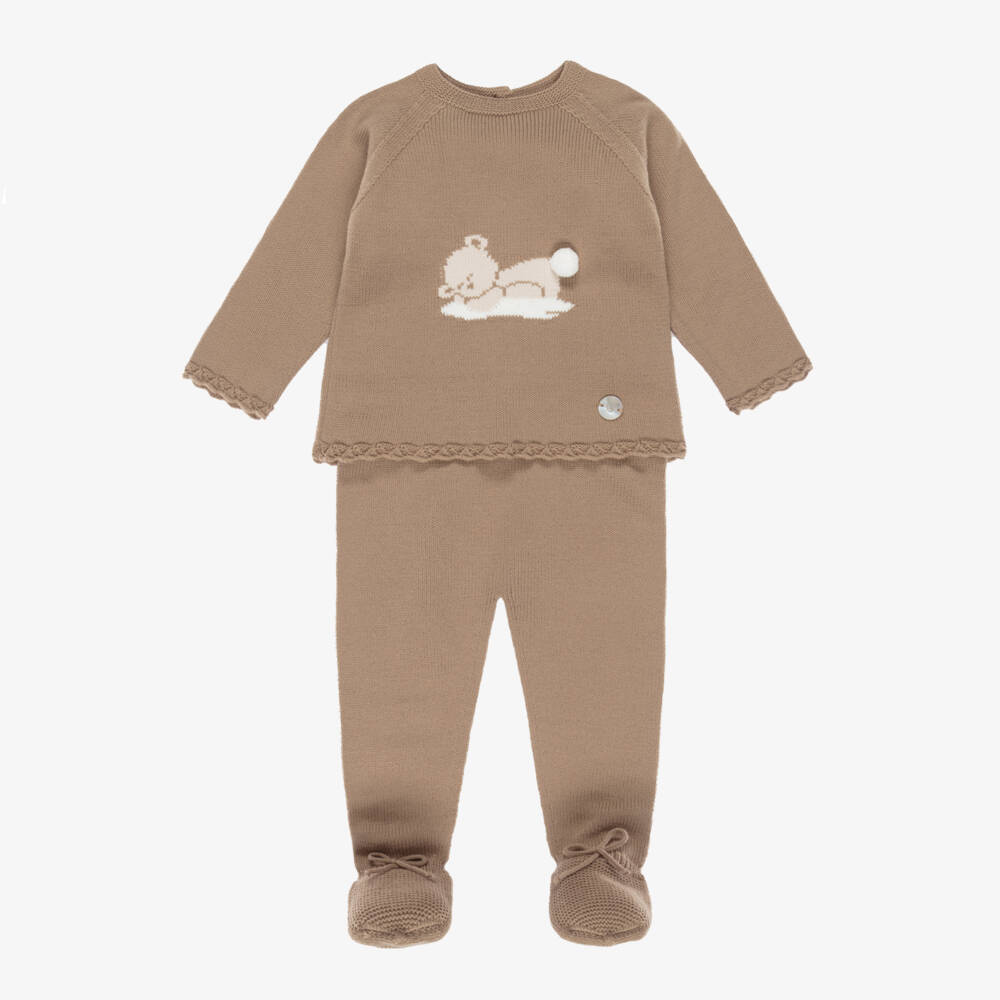 Artesanía Granlei-Brown Knitted 2 Piece Babygrow with Teddy Bear Motif | Childrensalon Outlet