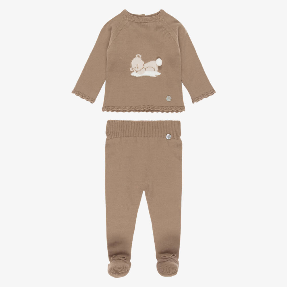 Artesanía Granlei-Brown Knitted 2 Piece Babygrow with Teddy Bear Motif | Childrensalon Outlet