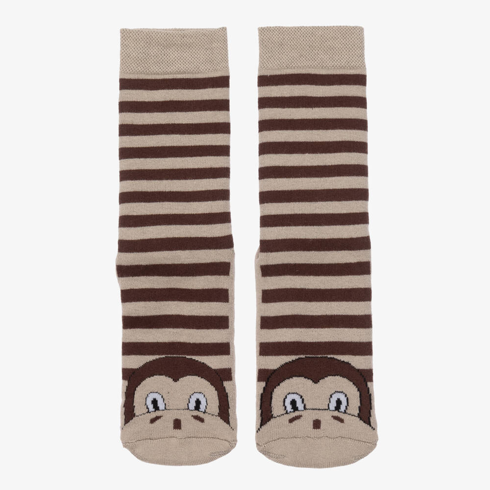 Country Kids-Brown Striped Monkey Slipper Socks | Childrensalon Outlet