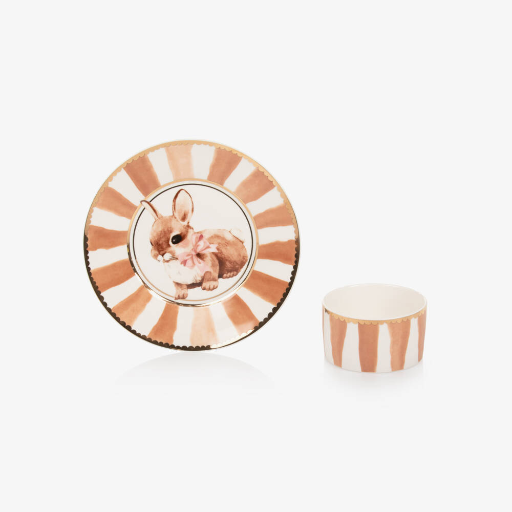 Elodie-Brown & White Bunny Darling Porcelain Plate & Bowl Set | Childrensalon Outlet