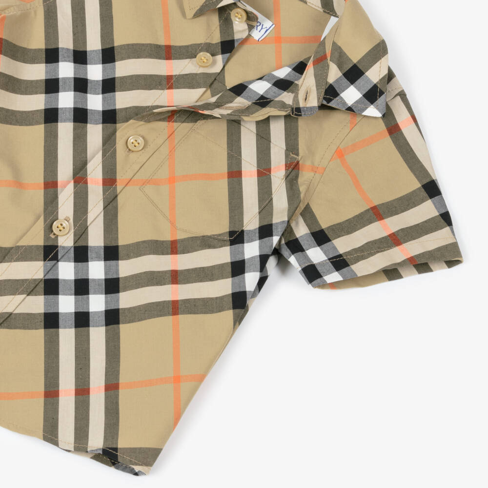 Burberry-Baby Boys Beige Check Cotton Short-Sleeved Shirt | Childrensalon Outlet