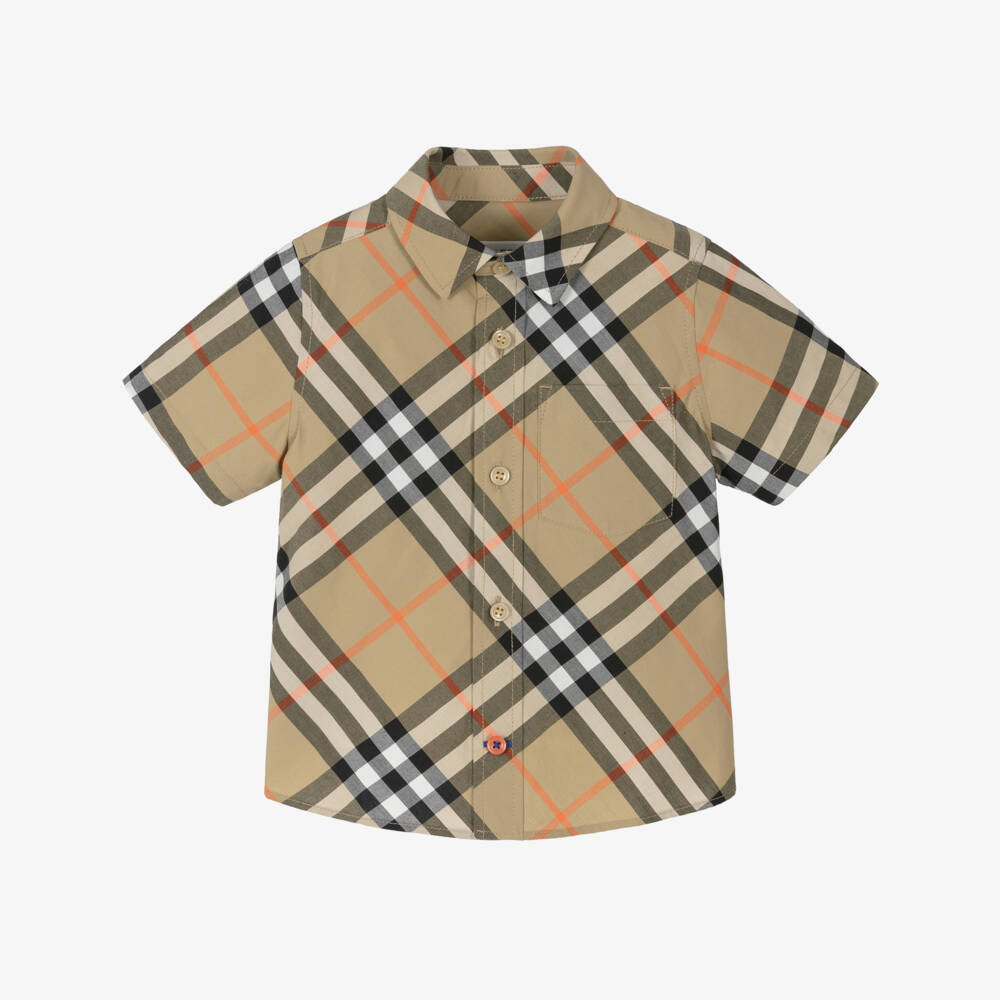 Burberry-Baby Boys Beige Check Cotton Short-Sleeved Shirt | Childrensalon Outlet