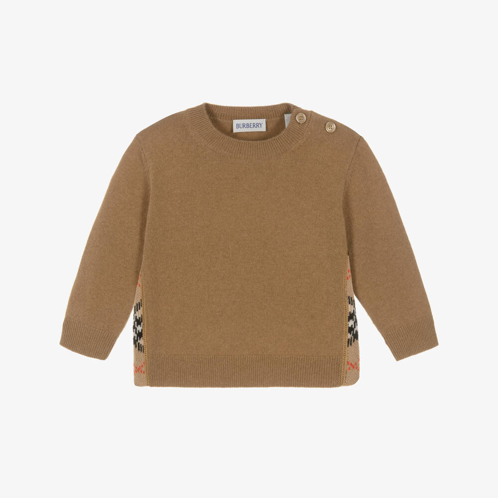 Burberry-Baby Boys Beige Check Elbow Patch Wool Knit Jumper | Childrensalon Outlet
