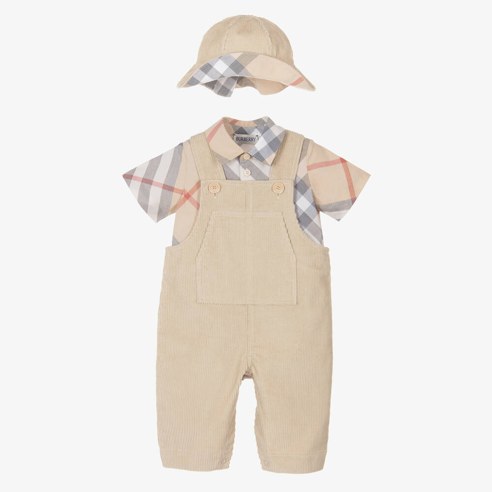 Burberry-Baby Boys Beige Cotton Dungaree Set | Childrensalon Outlet