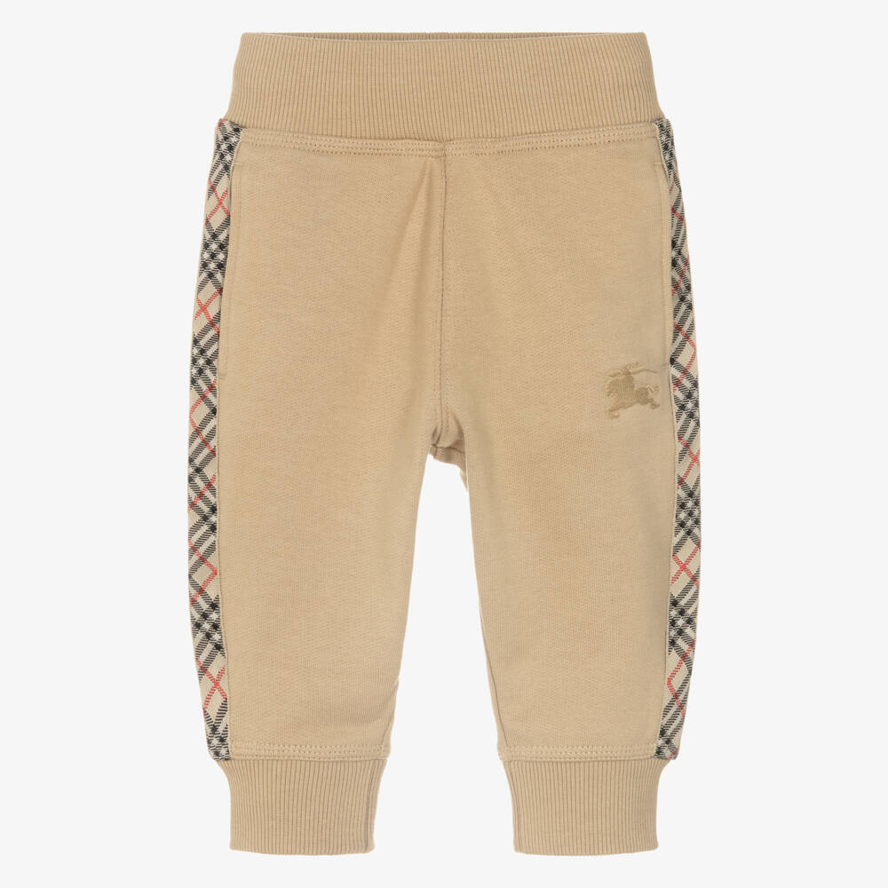 Burberry-Baby Boys Beige Cotton Joggers with Check Trim & EKD Logo | Childrensalon Outlet