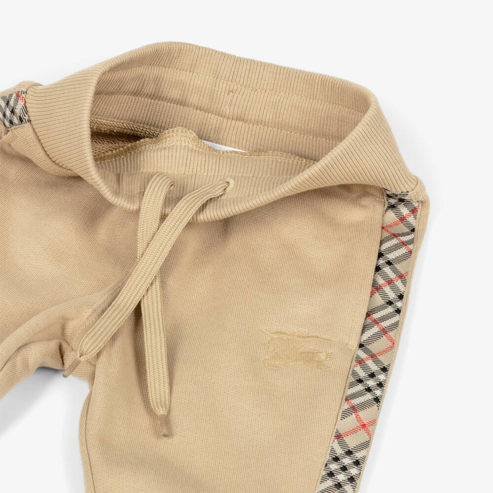 Burberry-Baby Boys Beige Cotton Joggers with Check Trim & EKD Logo | Childrensalon Outlet