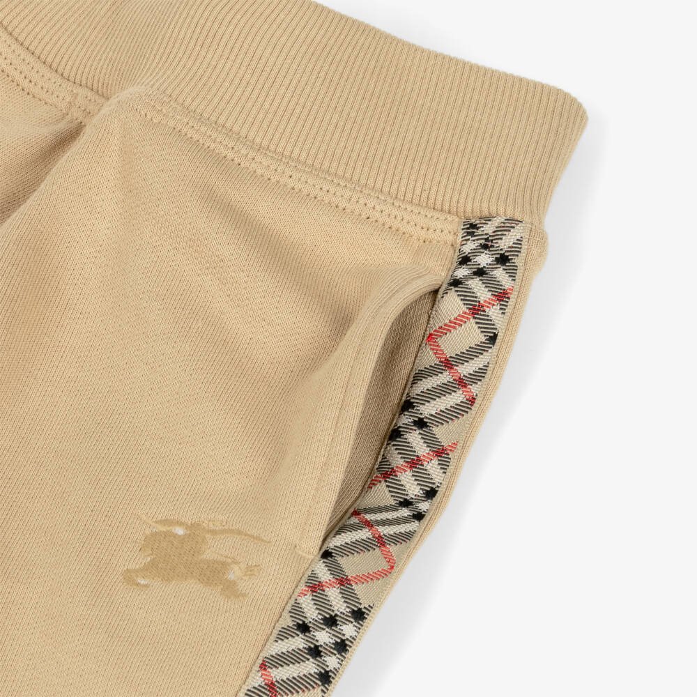Burberry-Baby Boys Beige Cotton Joggers with Check Trim & EKD Logo | Childrensalon Outlet