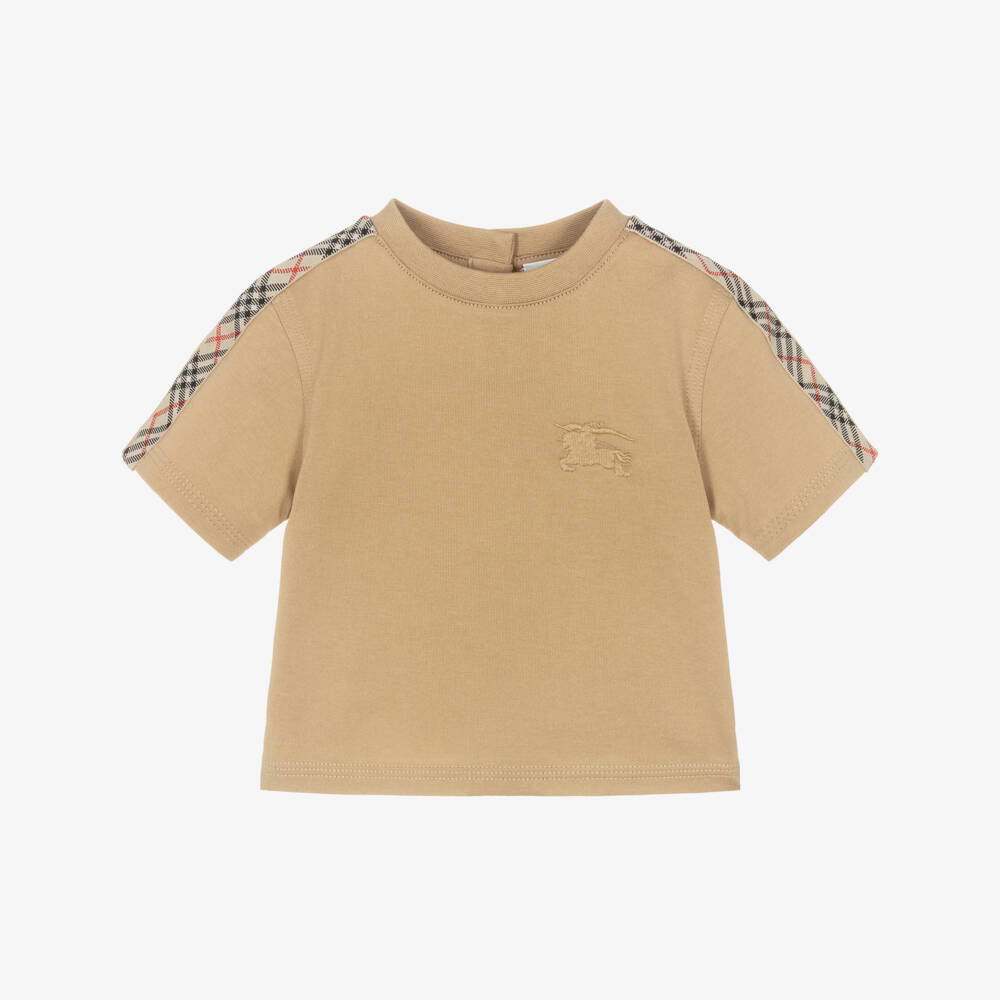 Burberry-Baby Boys Beige Cotton T-Shirt with Check Trim & EKD Logo | Childrensalon Outlet