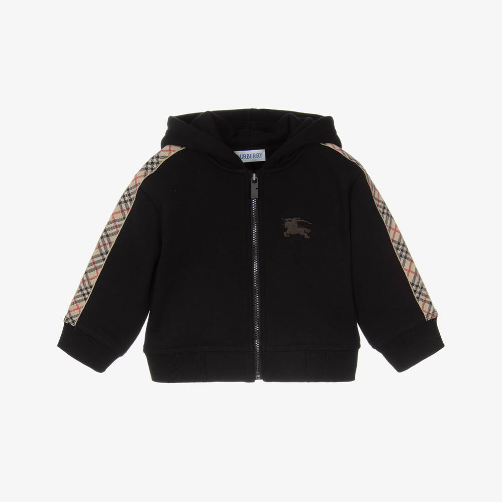 Burberry-Baby Boys Black Cotton EKD Logo Zip-Up Hoodie with Check Trim | Childrensalon Outlet