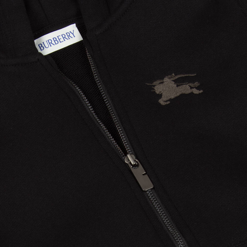 Burberry-Baby Boys Black Cotton EKD Logo Zip-Up Hoodie with Check Trim | Childrensalon Outlet
