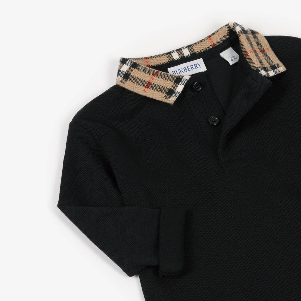 Burberry-Baby Boys Black Polo Shirt with Burberry Check Collar | Childrensalon Outlet