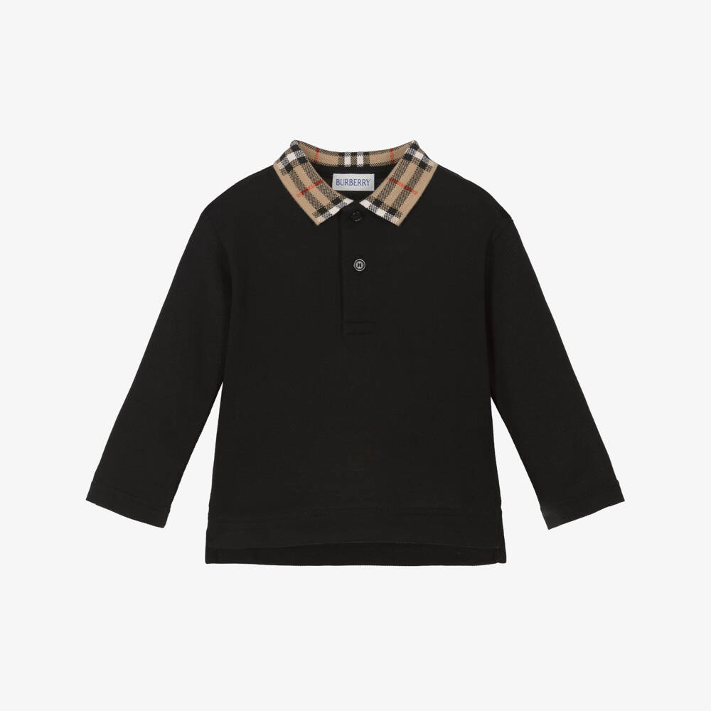 Burberry-Baby Boys Black Polo Shirt with Burberry Check Collar | Childrensalon Outlet