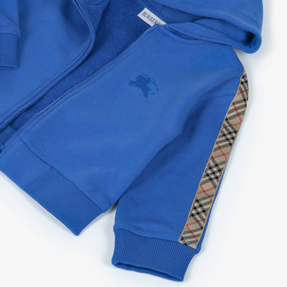 Burberry-Baby Boys Blue Cotton Zip-Up Hoodie with Check Trim | Childrensalon Outlet