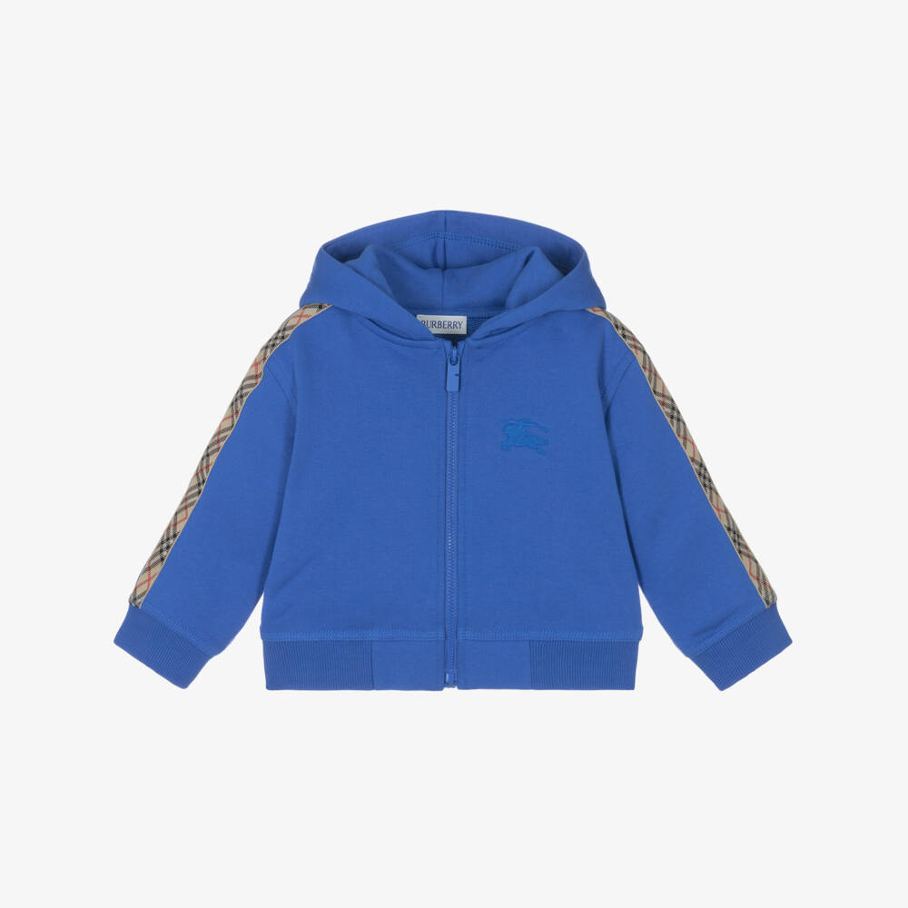 Burberry-Baby Boys Blue Cotton Zip-Up Hoodie with Check Trim | Childrensalon Outlet