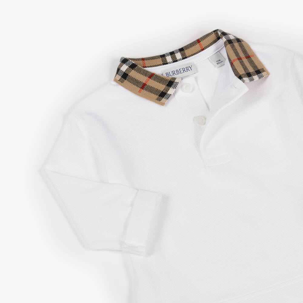 Burberry-Baby Boys White Polo Shirt with Burberry Check Collar | Childrensalon Outlet