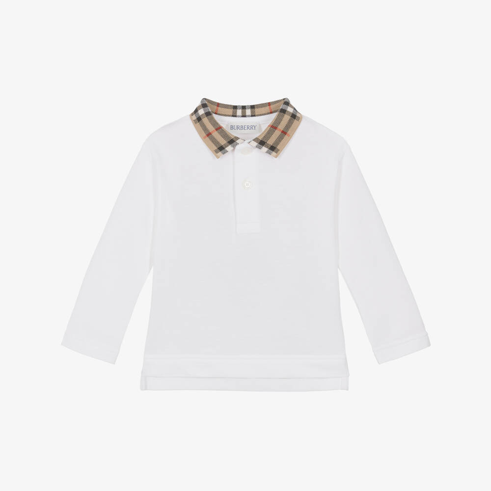 Burberry-Baby Boys White Polo Shirt with Burberry Check Collar | Childrensalon Outlet