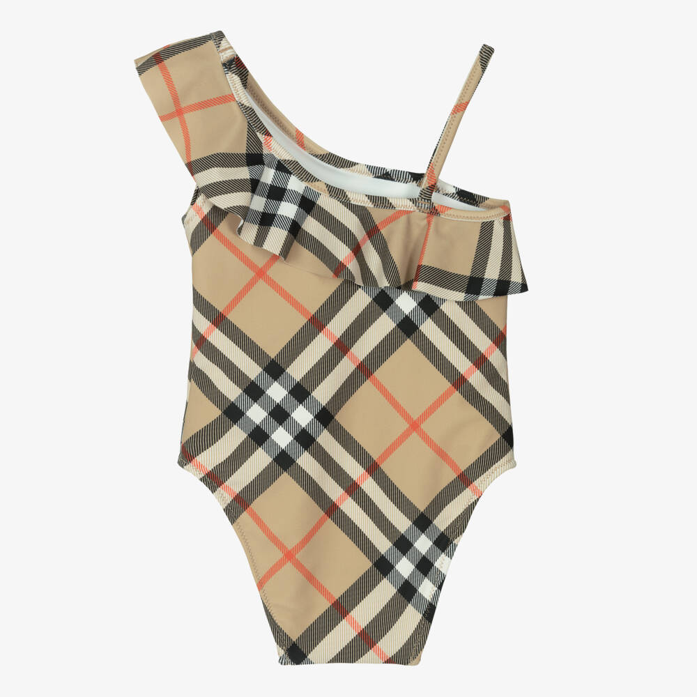 Burberry-Baby Girls Beige Check Asymmetric Swimsuit | Childrensalon Outlet