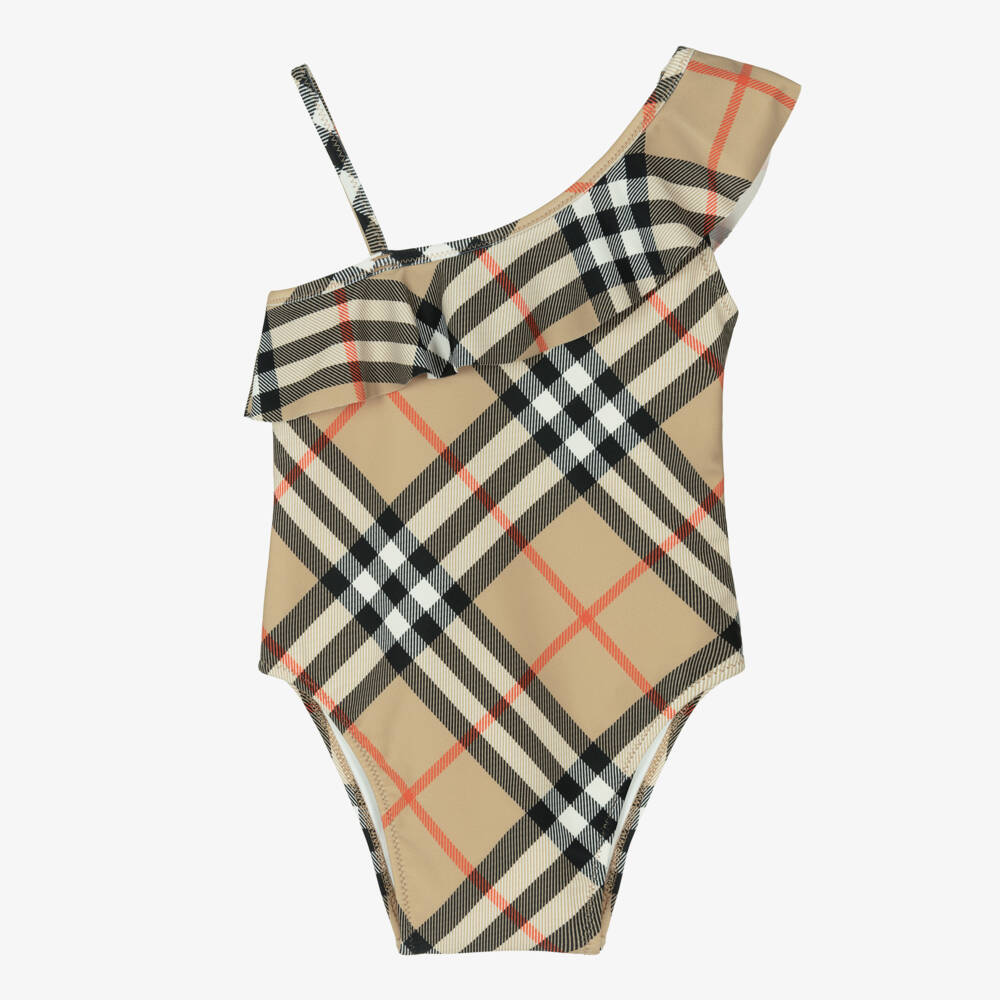 Burberry-Baby Girls Beige Check Asymmetric Swimsuit | Childrensalon Outlet