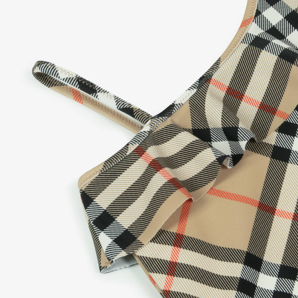 Burberry-Baby Girls Beige Check Asymmetric Swimsuit | Childrensalon Outlet