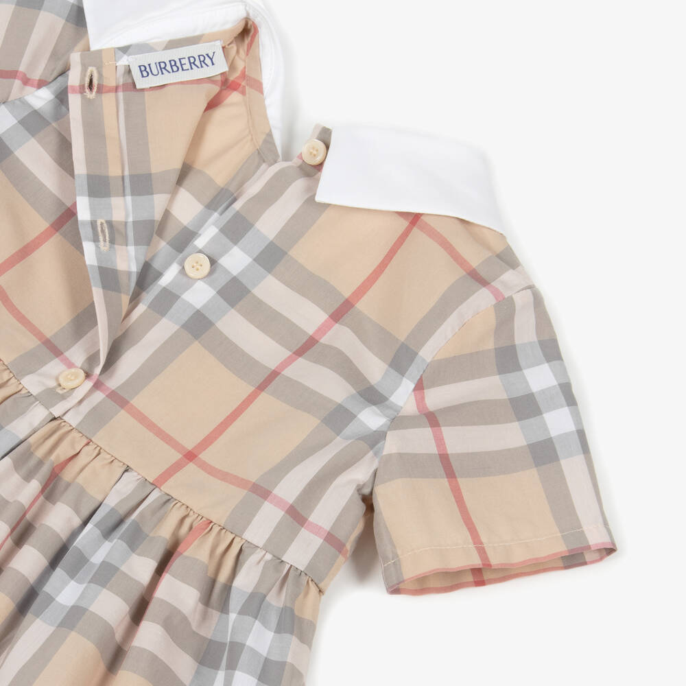 Burberry-Baby Girls Beige Check Cotton Dress with White Collar | Childrensalon Outlet