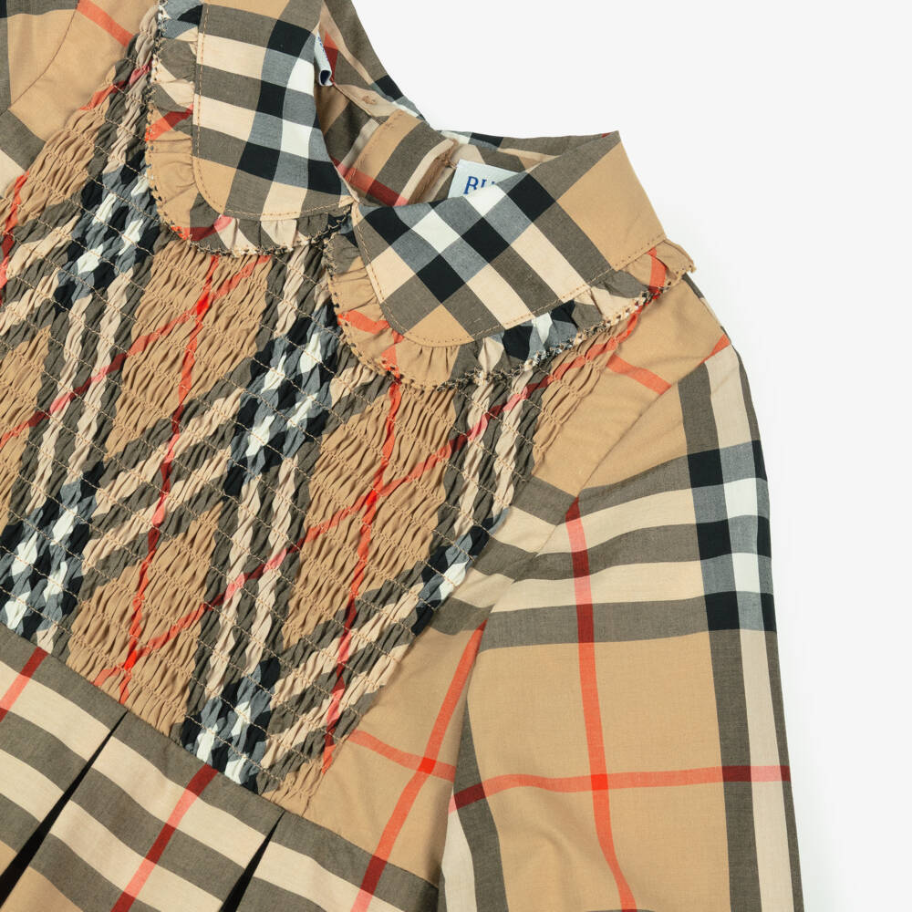 Burberry-Baby Girls Beige Check Shirred Cotton Dress | Childrensalon Outlet
