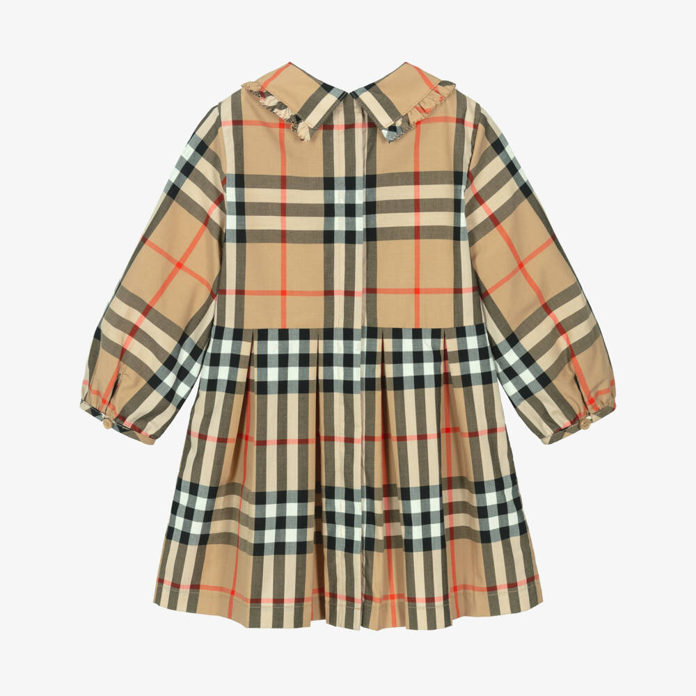 Burberry-Baby Girls Beige Check Shirred Cotton Dress | Childrensalon Outlet