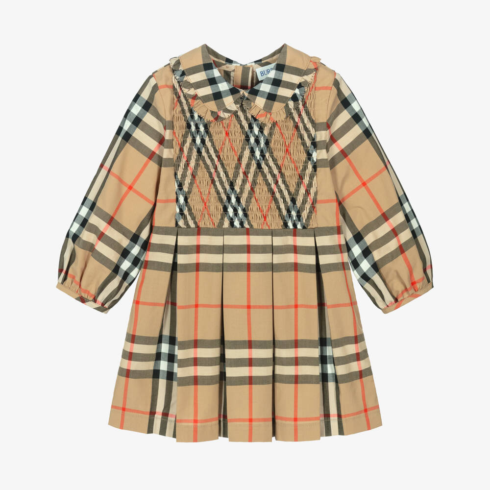 Burberry-Baby Girls Beige Check Shirred Cotton Dress | Childrensalon Outlet