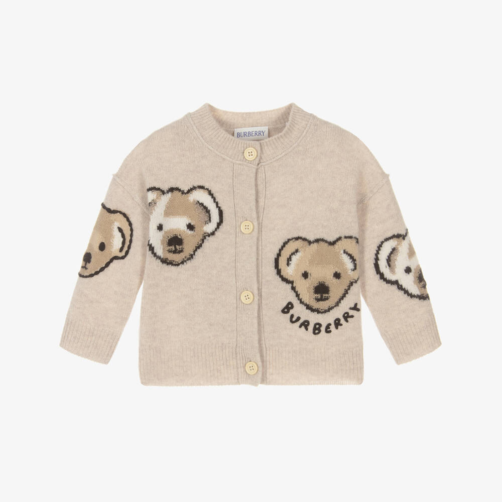 Burberry-Baby Girls Beige Wool Knit Thomas Bear Cardigan | Childrensalon Outlet