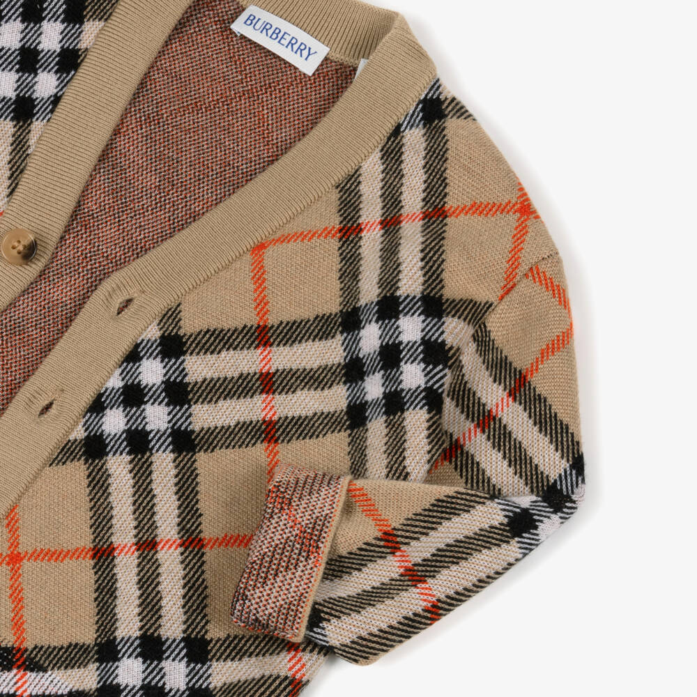 Burberry-Baby Girls Beige Wool V-Neck Burberry Check Cardigan | Childrensalon Outlet