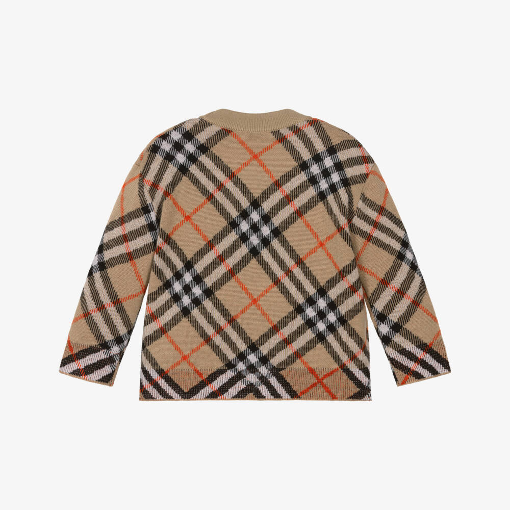 Burberry-Baby Girls Beige Wool V-Neck Burberry Check Cardigan | Childrensalon Outlet
