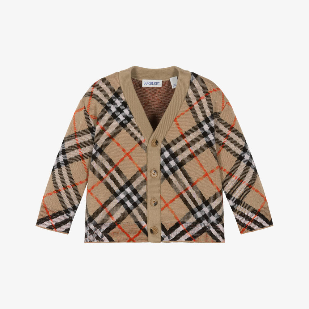 Burberry-Baby Girls Beige Wool V-Neck Burberry Check Cardigan | Childrensalon Outlet