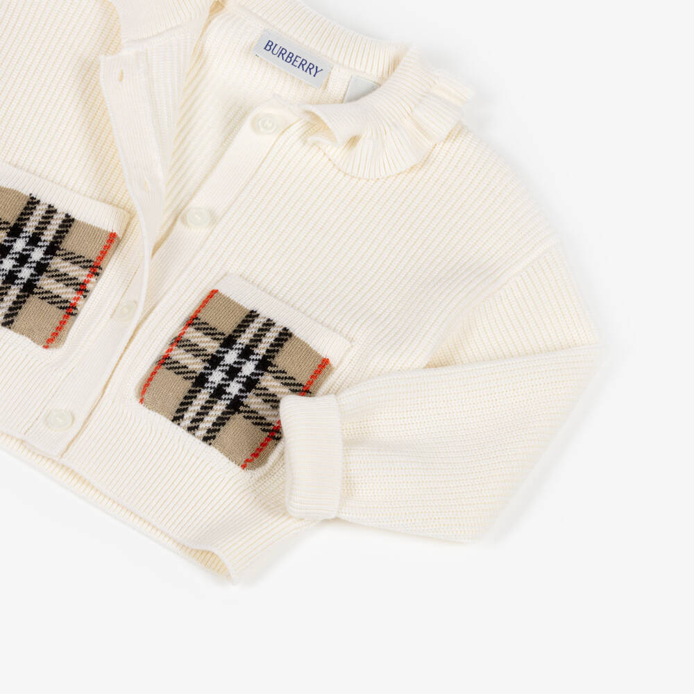 Burberry-Baby Girls Ivory Cotton & Wool Cardigan with Check Pockets | Childrensalon Outlet