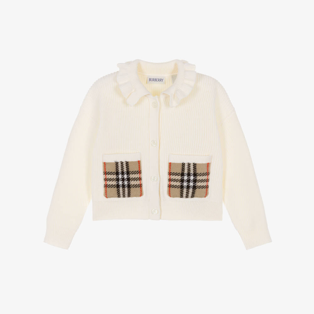 Burberry-Baby Girls Ivory Cotton & Wool Cardigan with Check Pockets | Childrensalon Outlet
