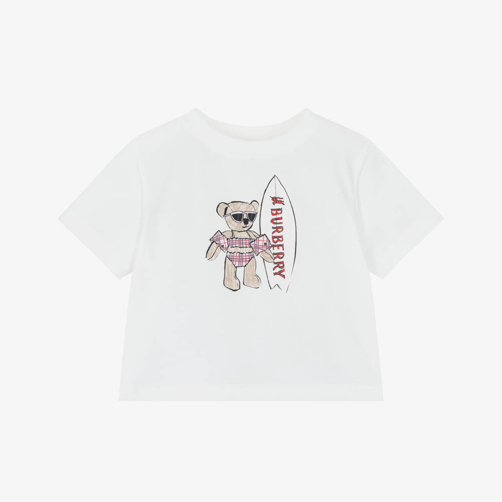 Burberry-Baby Girls Ivory Thomas Bear Print Cotton T-Shirt | Childrensalon Outlet