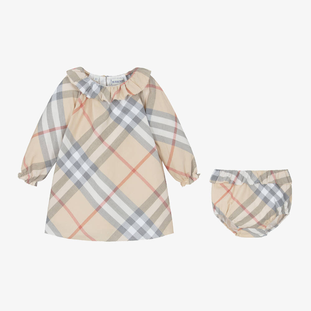 Burberry-Baby Girls Pale Beige Check Cotton Dress | Childrensalon Outlet