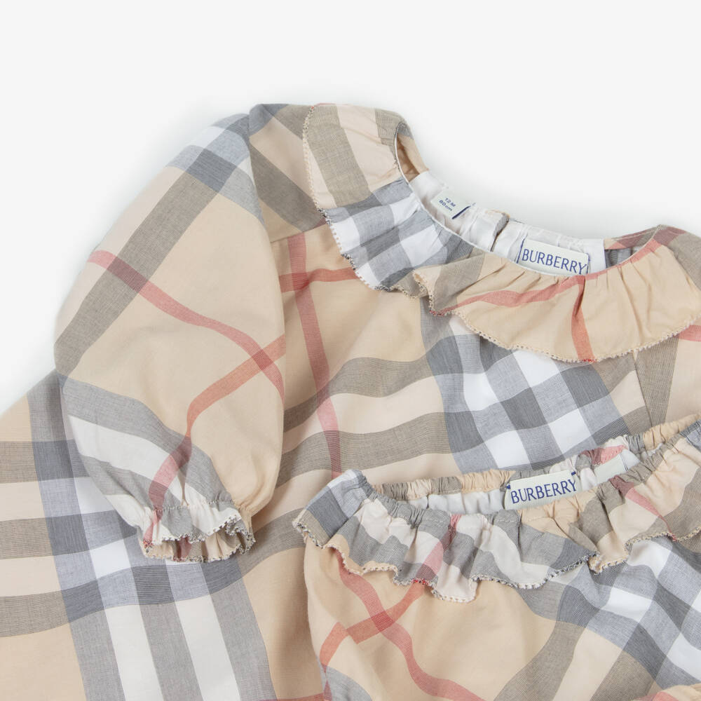 Burberry-Baby Girls Pale Beige Check Cotton Dress | Childrensalon Outlet