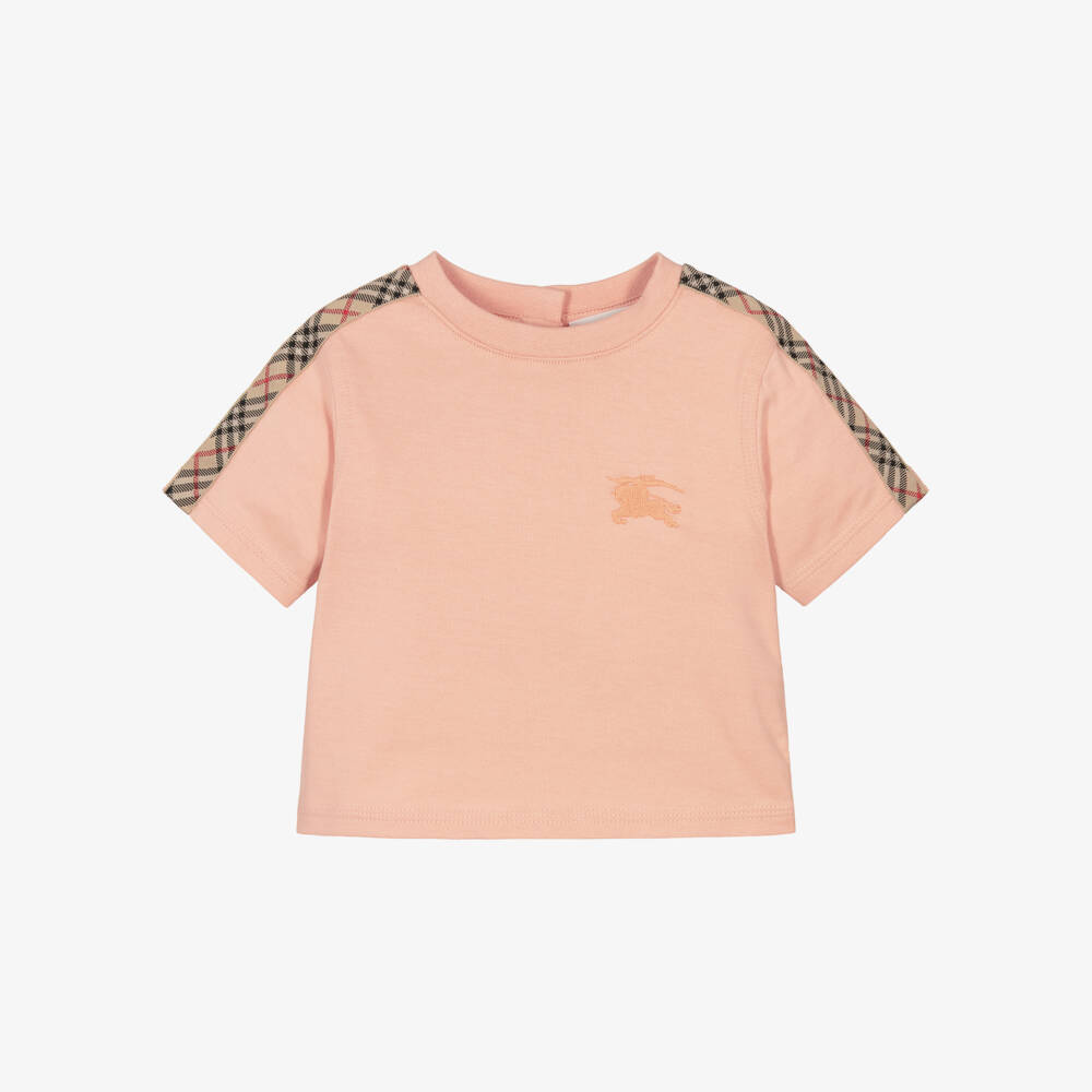 Burberry-Baby Girls Pale Pink Cotton T-Shirt with Check Detailing | Childrensalon Outlet