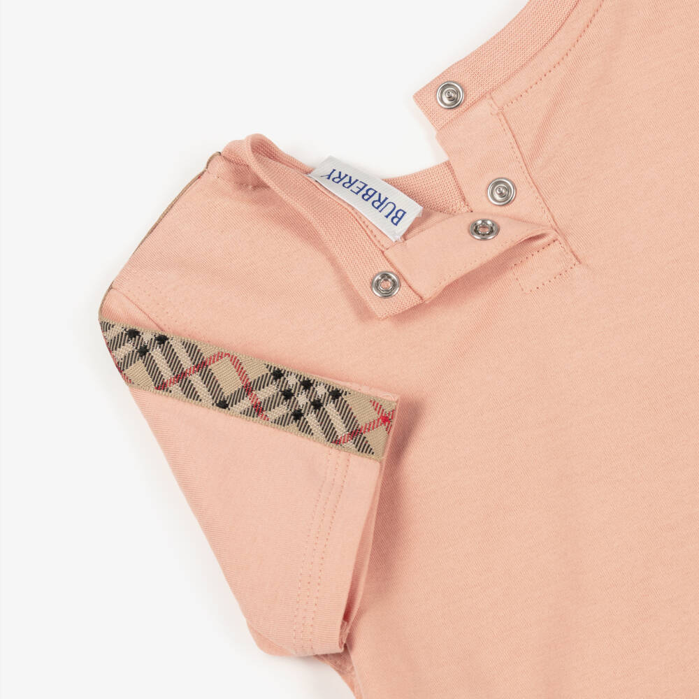 Burberry-Baby Girls Pale Pink Cotton T-Shirt with Check Detailing | Childrensalon Outlet