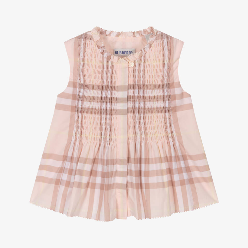Burberry-Baby Girls Pink Check Sleeveless Cotton Blouse | Childrensalon Outlet