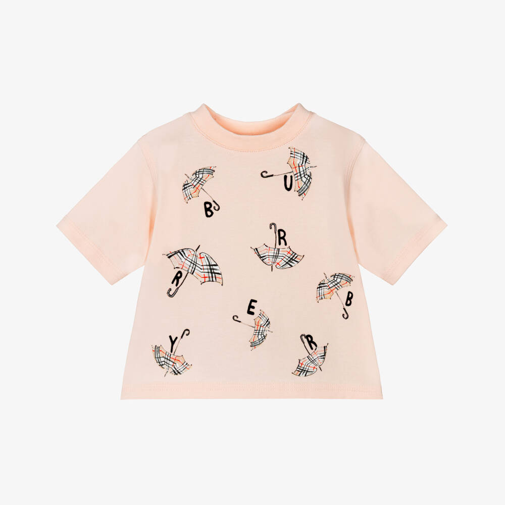 Burberry-Baby Girls Pink Cotton T-Shirt with Umbrella Print | Childrensalon Outlet