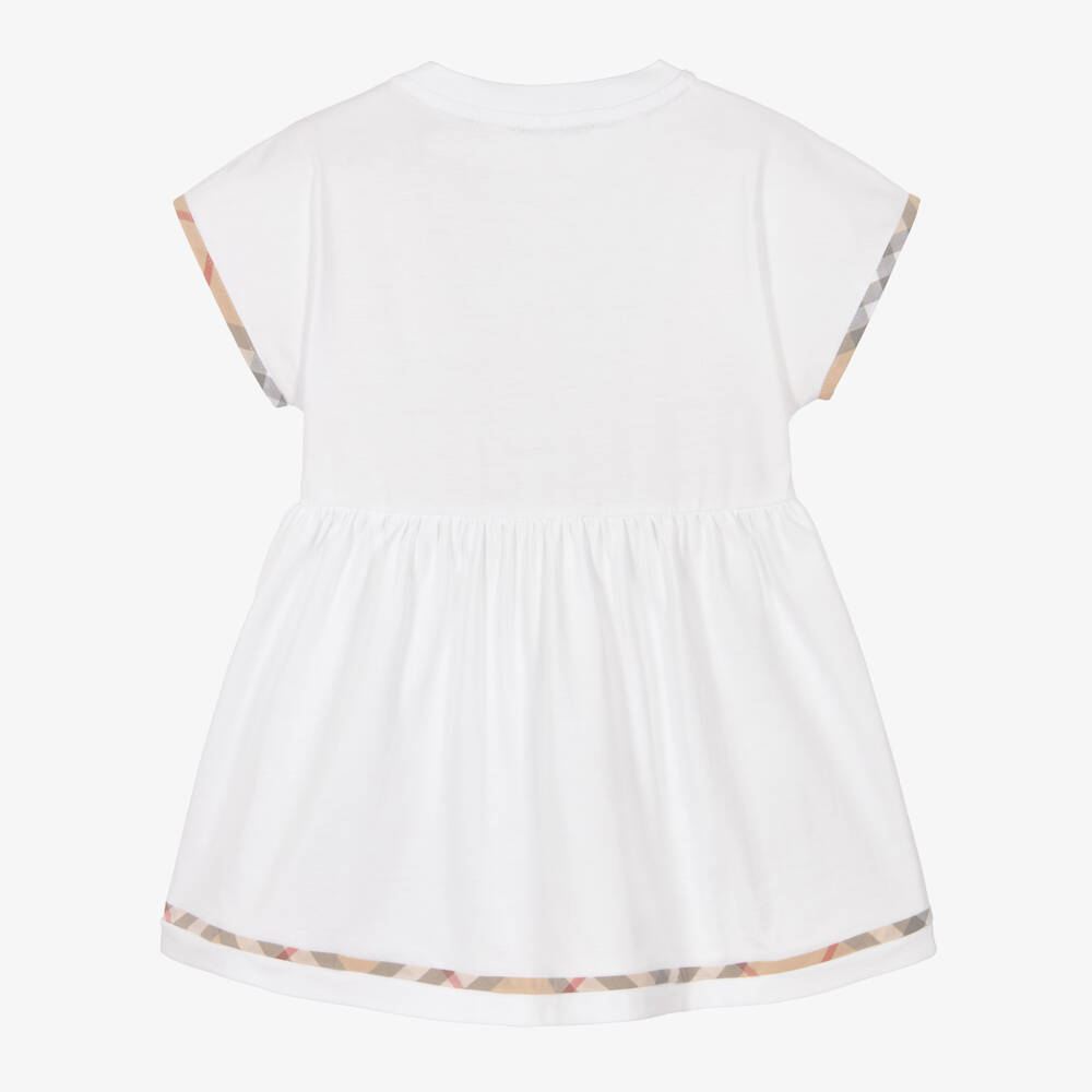 Burberry-Baby Girls White Cotton Jersey Dress with Check Trims | Childrensalon Outlet