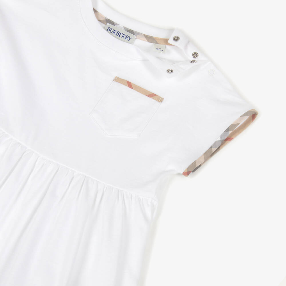 Burberry-Baby Girls White Cotton Jersey Dress with Check Trims | Childrensalon Outlet