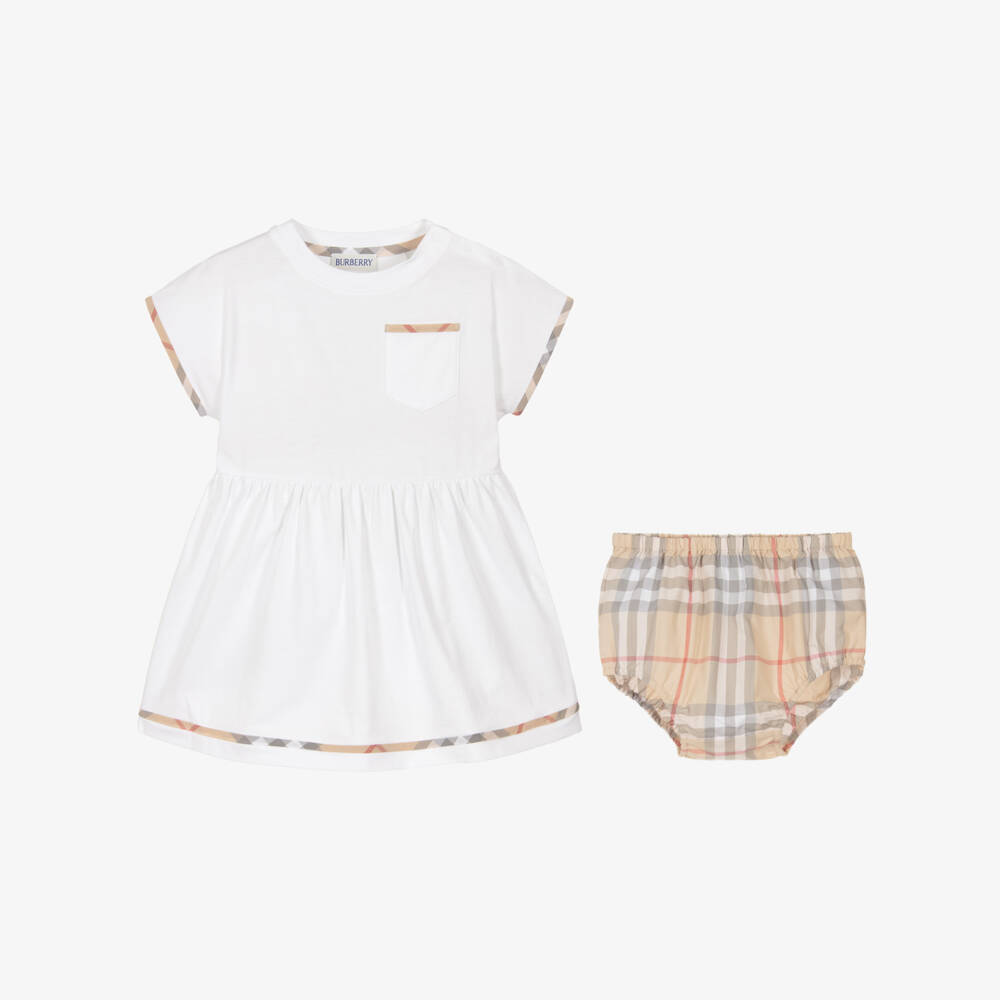 Burberry-Baby Girls White Cotton Jersey Dress with Check Trims | Childrensalon Outlet
